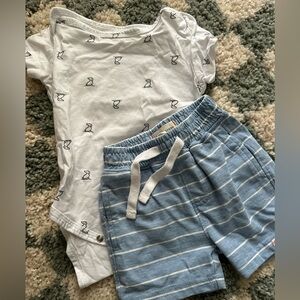 Me and Henry baby shorts set, onsie top, blue, striped shorts, dog